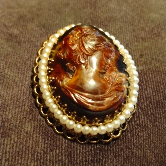 Jewelry - Beautiful gold pin with brown Cameo stamped Germany